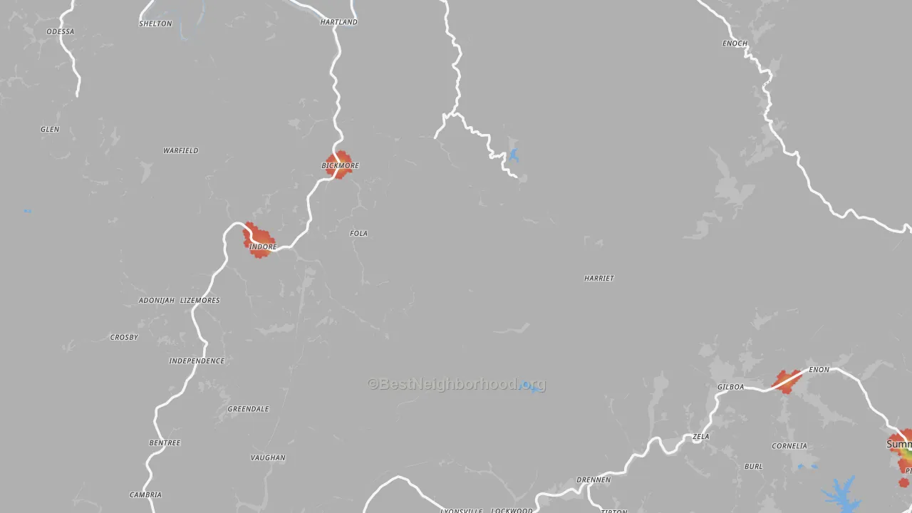 Walk Grade map of Rosedale, WV, walkable areas in green and car-dependent areas in red
