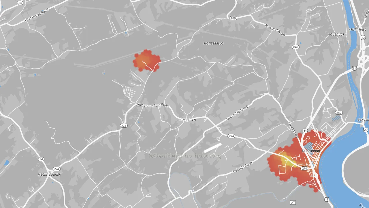 Walk Grade map of Roseglen, PA, walkable areas in green and car-dependent areas in red
