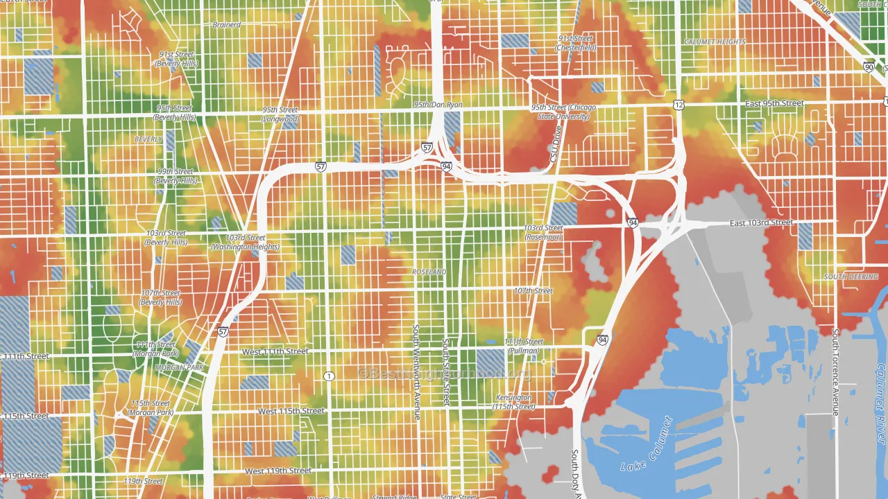 Walk Grade map of Roseland, Chicago, IL, walkable areas in green and car-dependent areas in red