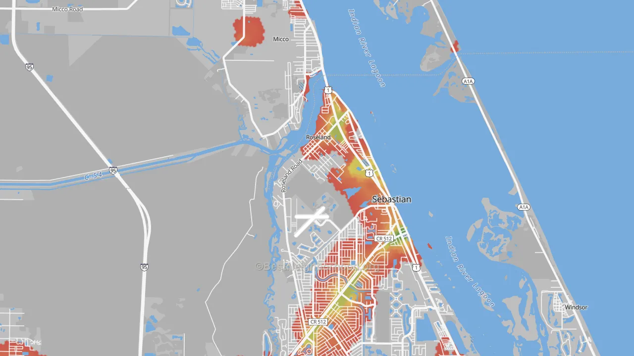 Walk Grade map of Roseland, FL, walkable areas in green and car-dependent areas in red