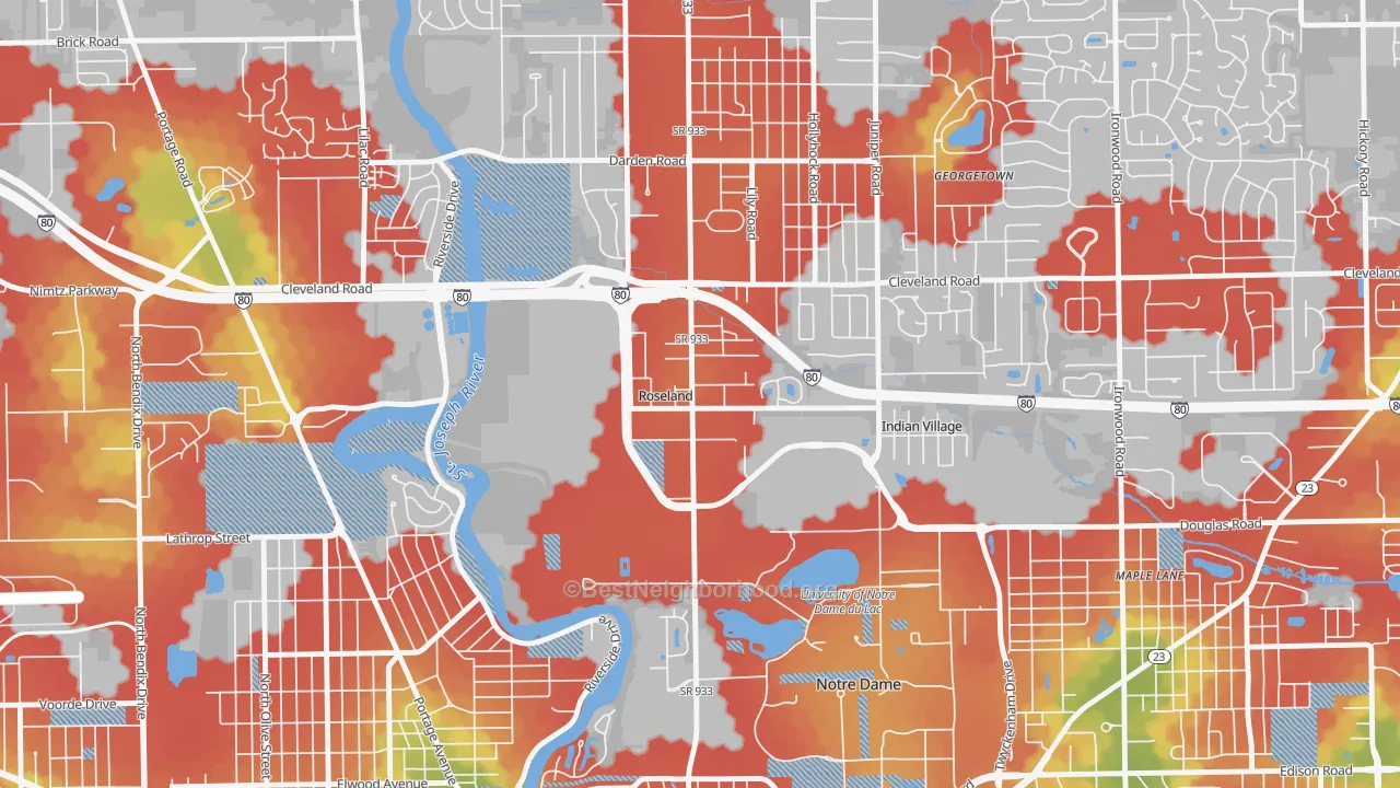 Walk Grade map of Roseland, IN, walkable areas in green and car-dependent areas in red