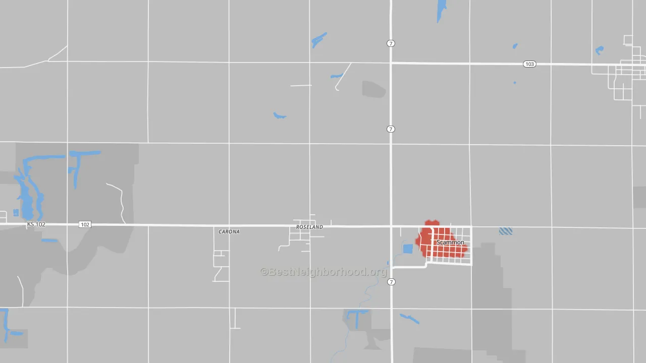 Walk Grade map of Roseland, KS, walkable areas in green and car-dependent areas in red
