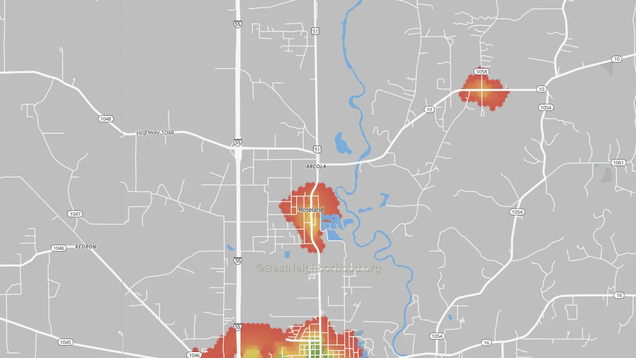 Walk Grade map of Roseland, LA, walkable areas in green and car-dependent areas in red