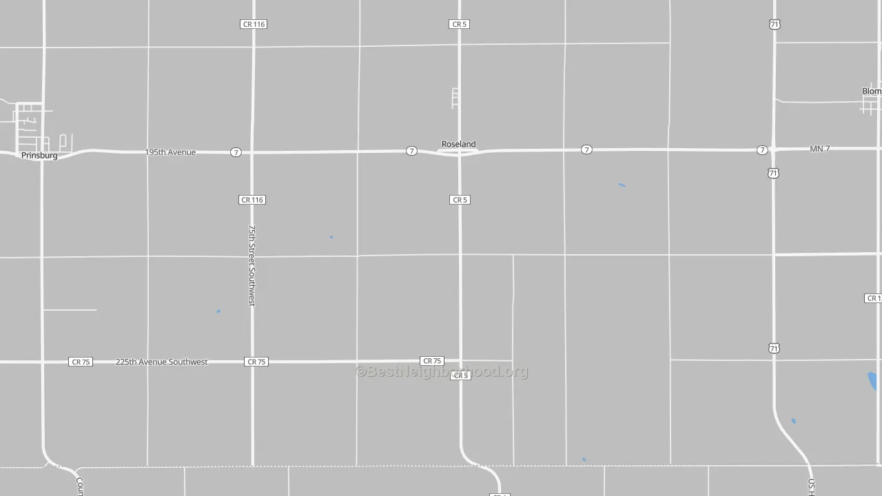 Walk Grade map of Roseland, MN, walkable areas in green and car-dependent areas in red