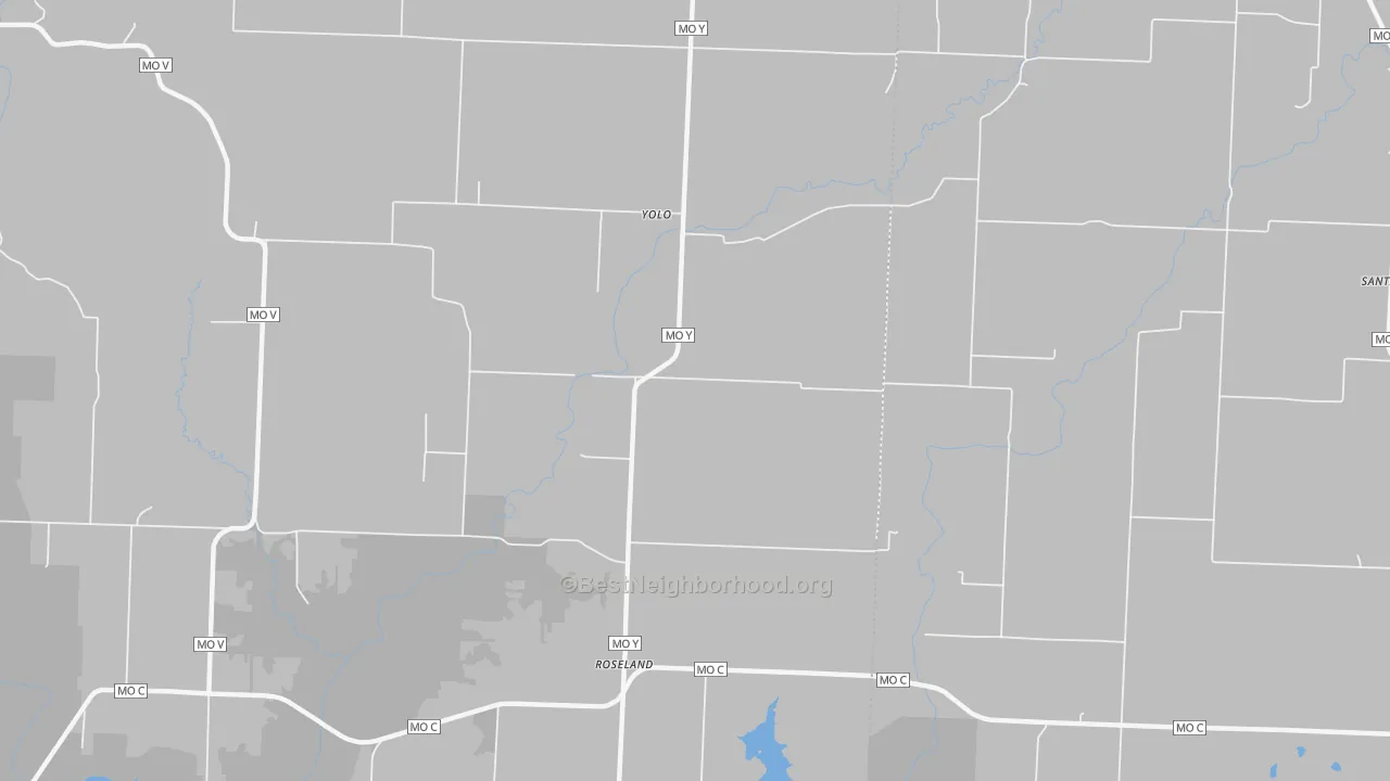 Walk Grade map of Roseland, MO, walkable areas in green and car-dependent areas in red