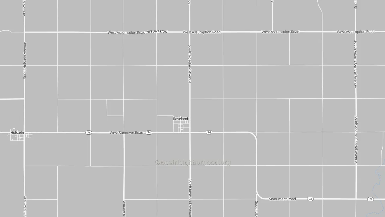 Walk Grade map of Roseland, NE, walkable areas in green and car-dependent areas in red