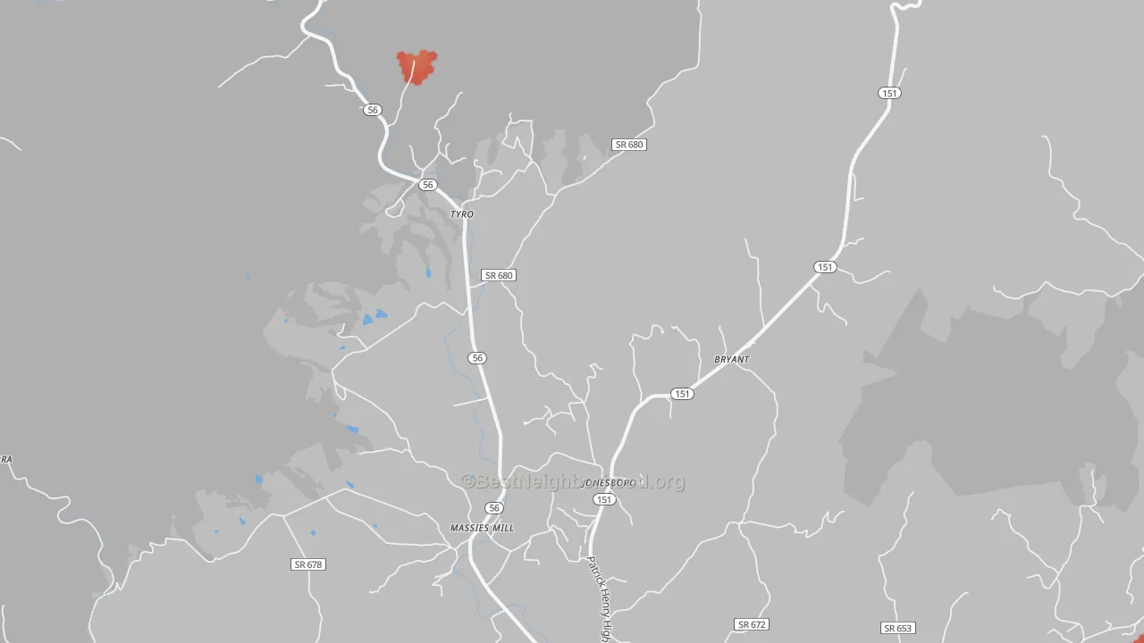 Walk Grade map of Roseland, VA, walkable areas in green and car-dependent areas in red
