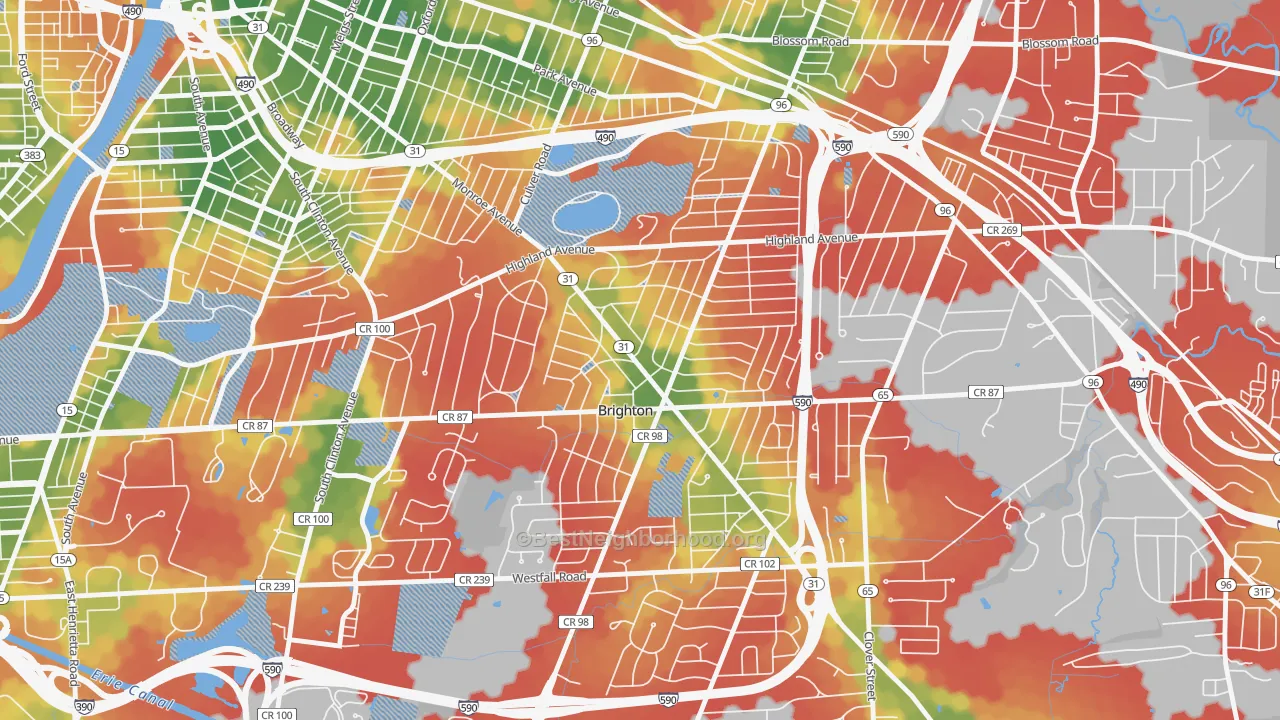 Walk Grade map of Roselawn, Brighton, NY, walkable areas in green and car-dependent areas in red