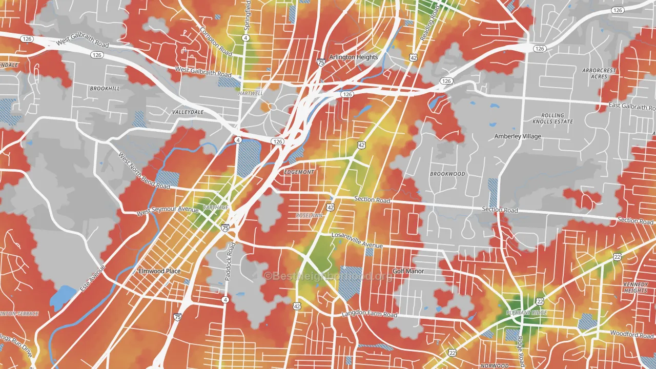 Walk Grade map of Roselawn, Cincinnati, OH, walkable areas in green and car-dependent areas in red