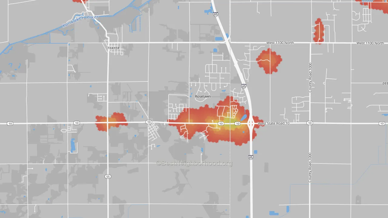 Walk Grade map of Roselawn, IN, walkable areas in green and car-dependent areas in red