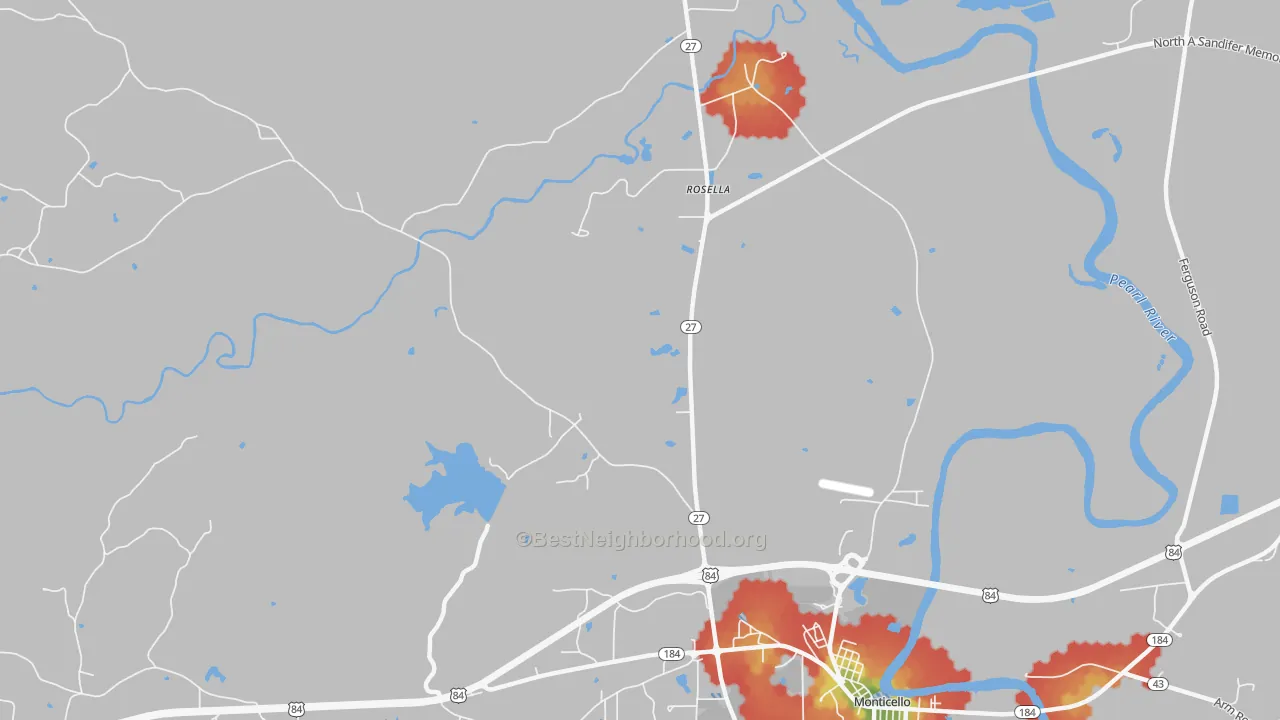 Walk Grade map of Rosella, MS, walkable areas in green and car-dependent areas in red