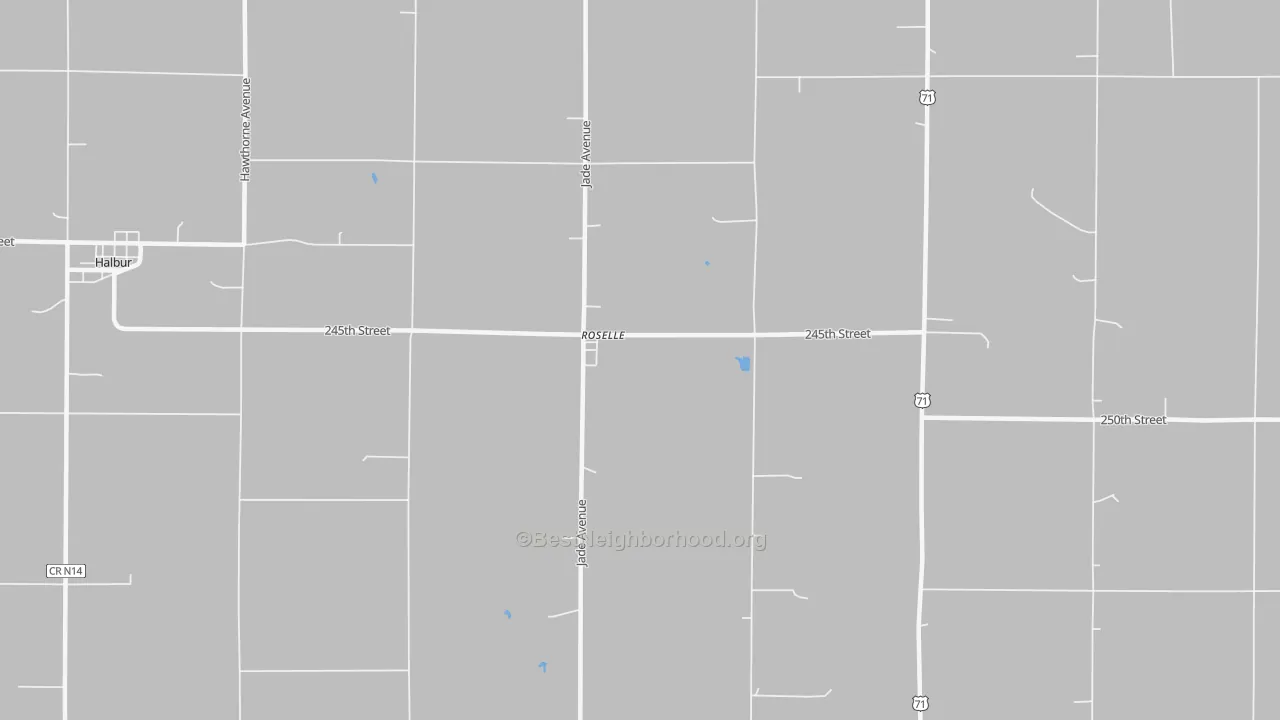 Walk Grade map of Roselle, IA, walkable areas in green and car-dependent areas in red