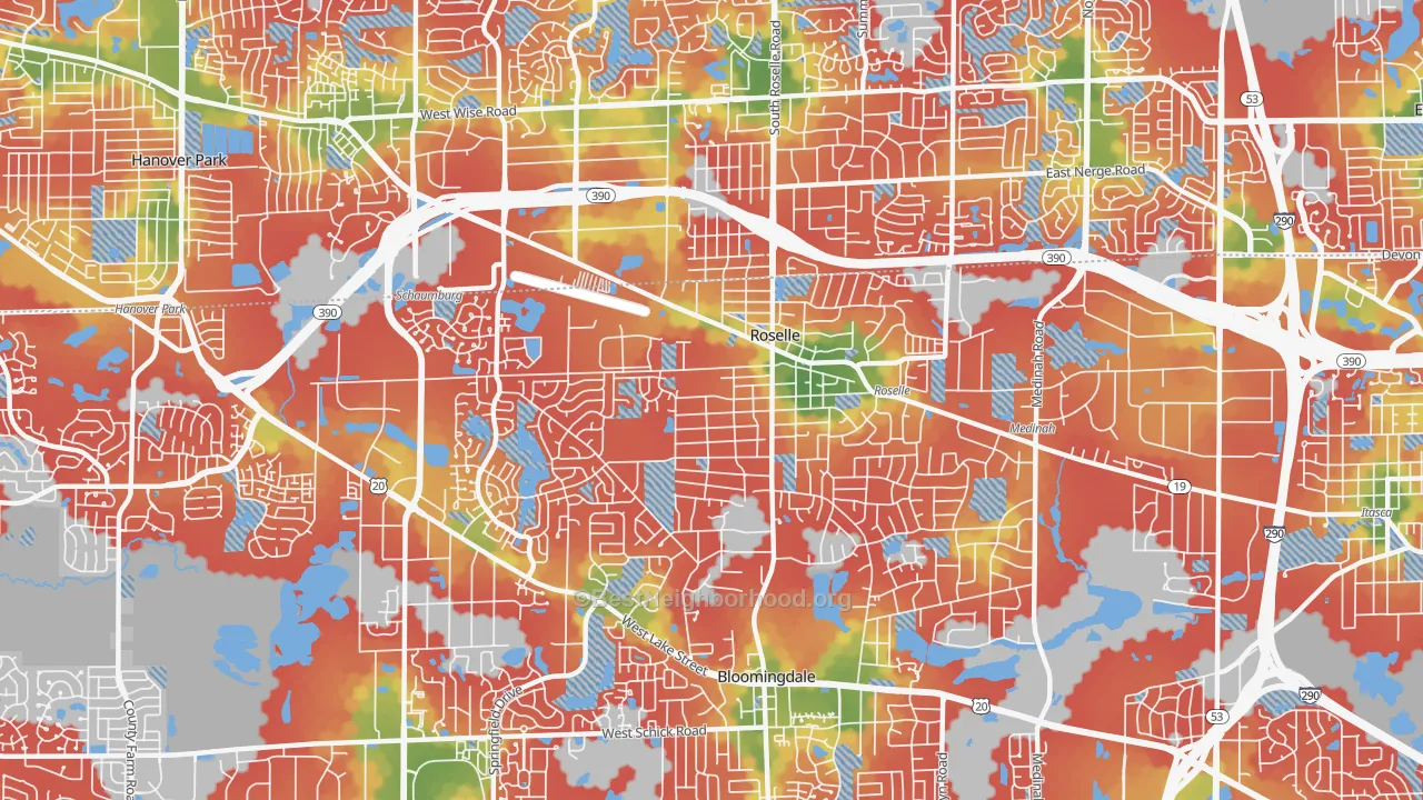 Walk Grade map of Roselle, IL, walkable areas in green and car-dependent areas in red