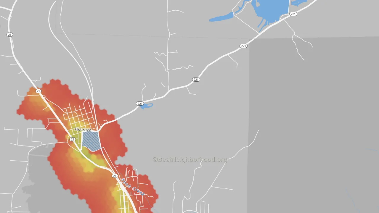 Walk Grade map of Roselle, MO, walkable areas in green and car-dependent areas in red