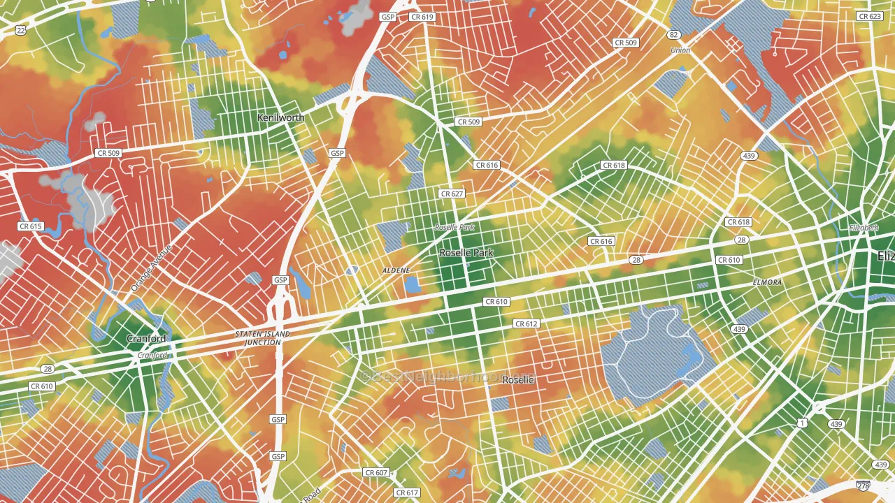 Walk Grade map of Roselle Park, NJ, walkable areas in green and car-dependent areas in red