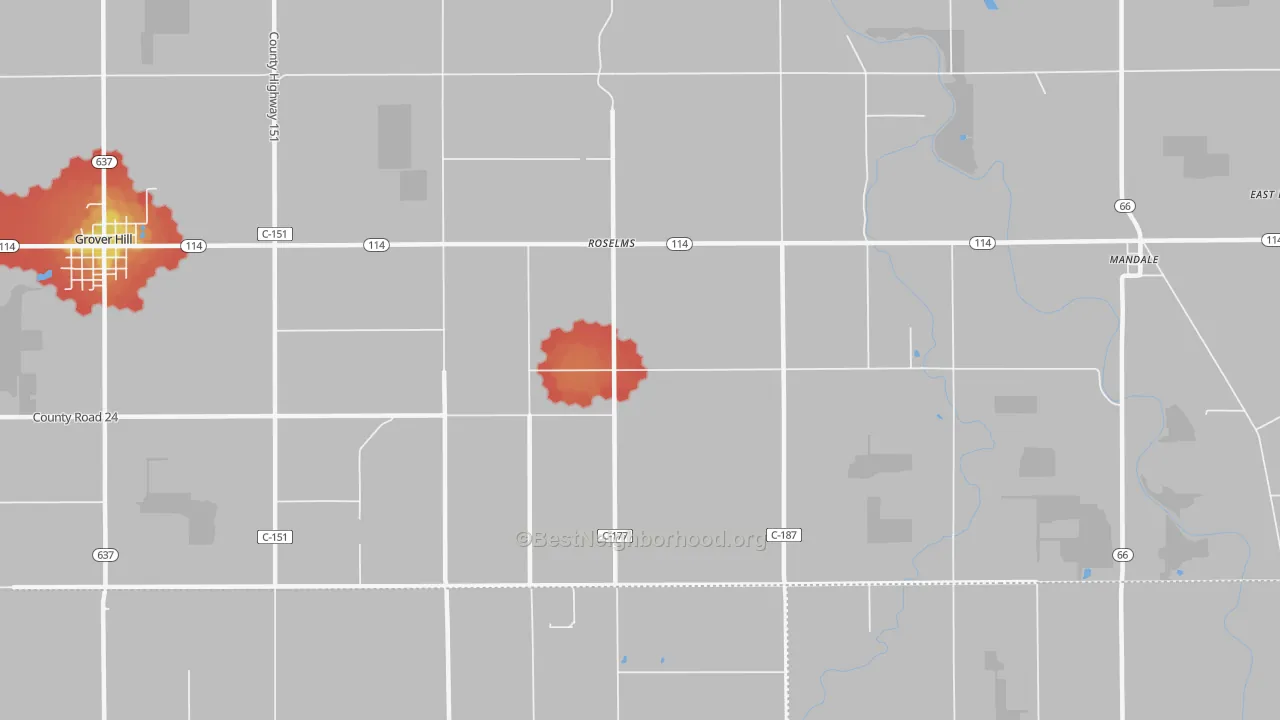 Walk Grade map of Roselms, OH, walkable areas in green and car-dependent areas in red