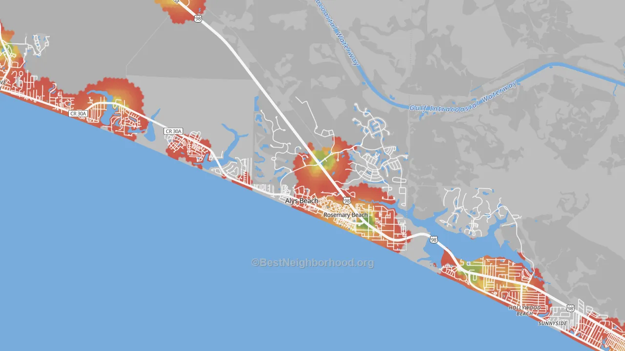 Walk Grade map of Rosemary Bch, FL, walkable areas in green and car-dependent areas in red