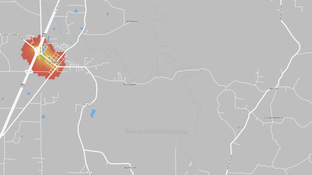 Walk Grade map of Rosemary, MS, walkable areas in green and car-dependent areas in red