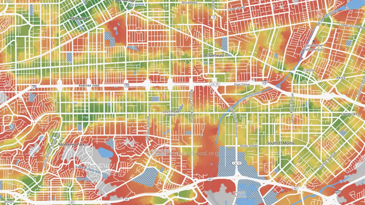 Walk Grade map of Rosemead, CA, walkable areas in green and car-dependent areas in red