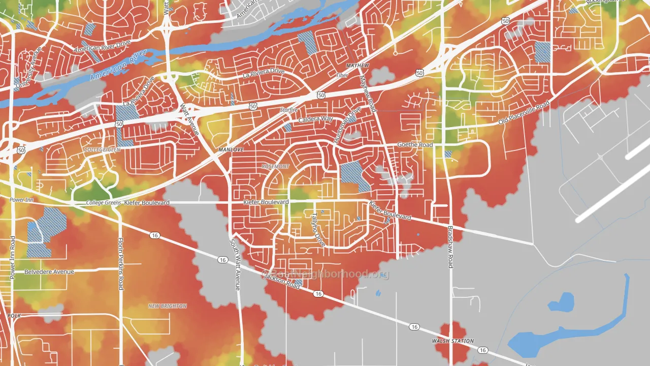Walk Grade map of Rosemont, CA, walkable areas in green and car-dependent areas in red