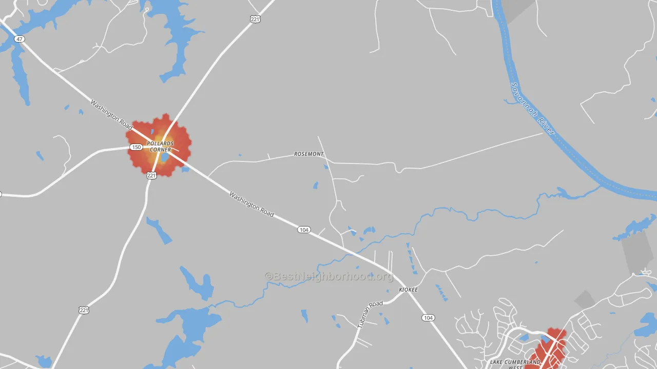 Walk Grade map of Rosemont, GA, walkable areas in green and car-dependent areas in red