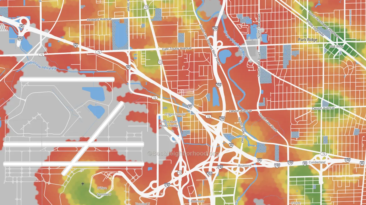 Walk Grade map of Rosemont, IL, walkable areas in green and car-dependent areas in red