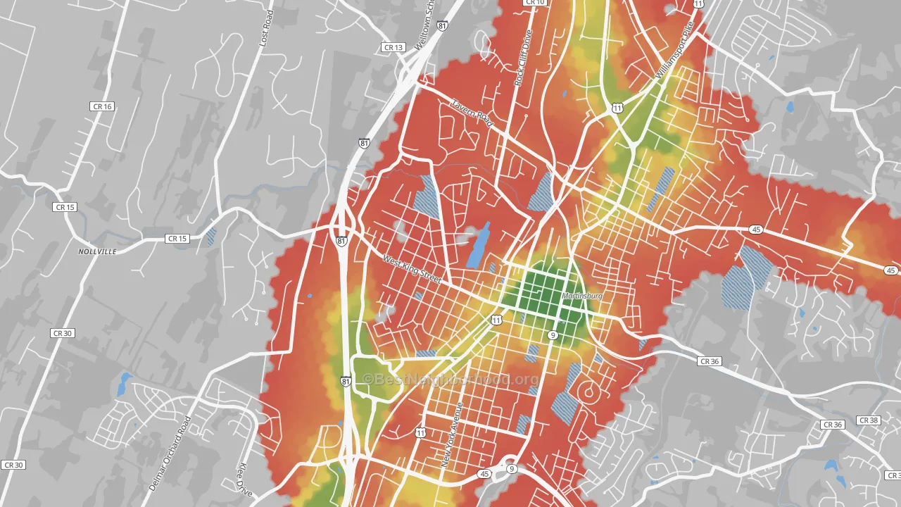 Walk Grade map of Rosemont, Martinsburg, WV, walkable areas in green and car-dependent areas in red