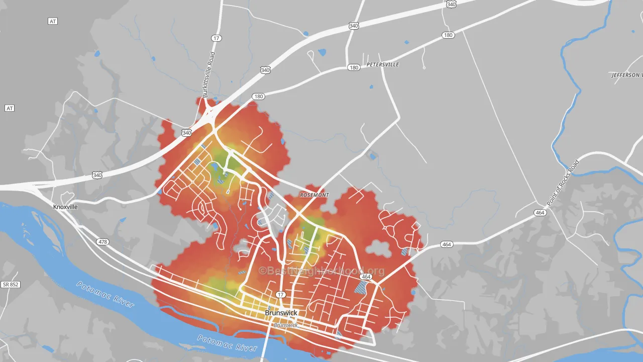 Walk Grade map of Rosemont, MD, walkable areas in green and car-dependent areas in red