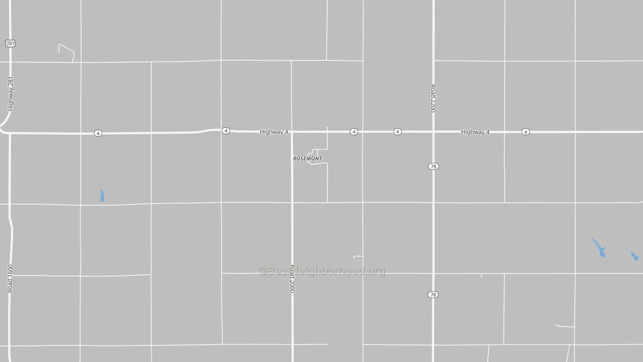 Walk Grade map of Rosemont, NE, walkable areas in green and car-dependent areas in red