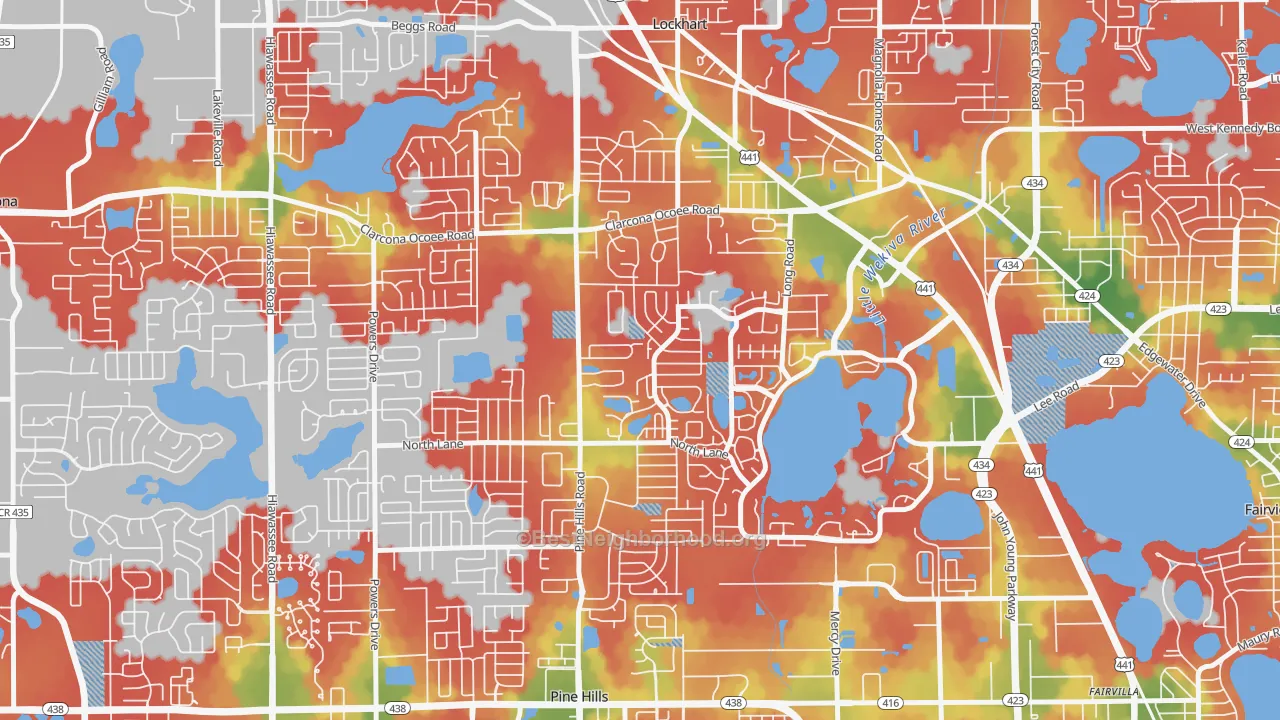 Walk Grade map of Rosemont North, Orlando, FL, walkable areas in green and car-dependent areas in red