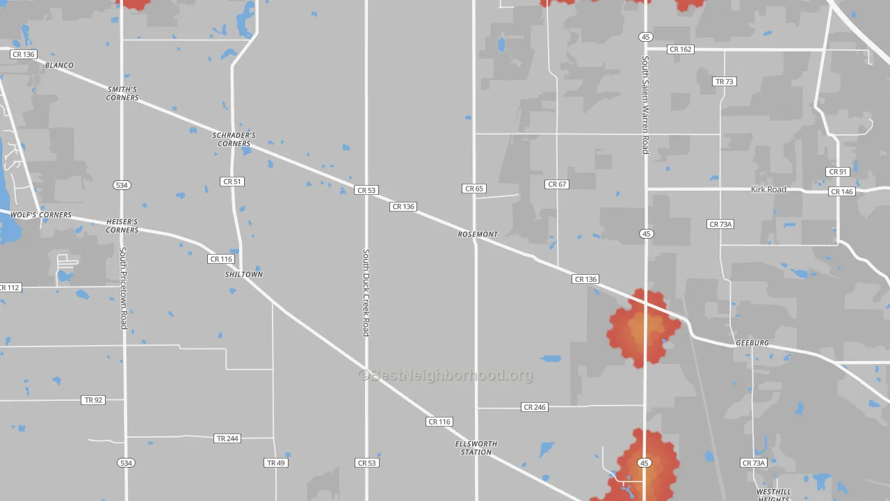 Walk Grade map of Rosemont, OH, walkable areas in green and car-dependent areas in red