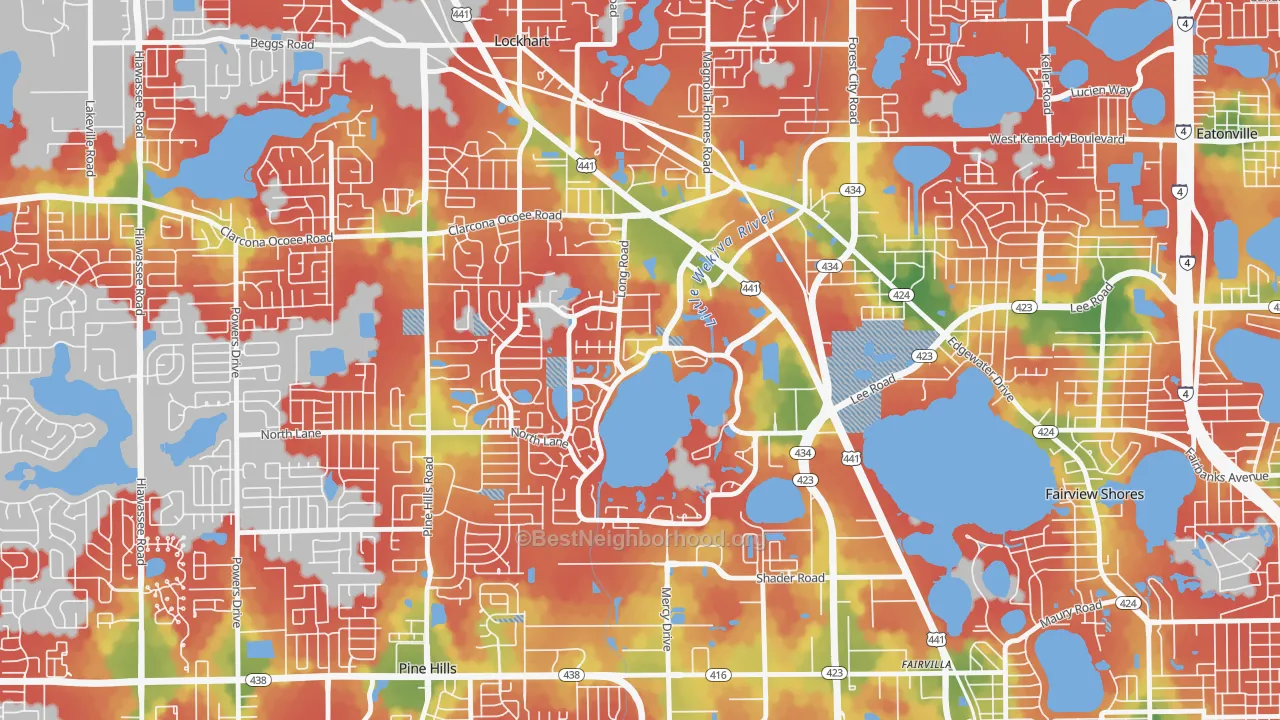 Walk Grade map of Rosemont, Orlando, FL, walkable areas in green and car-dependent areas in red