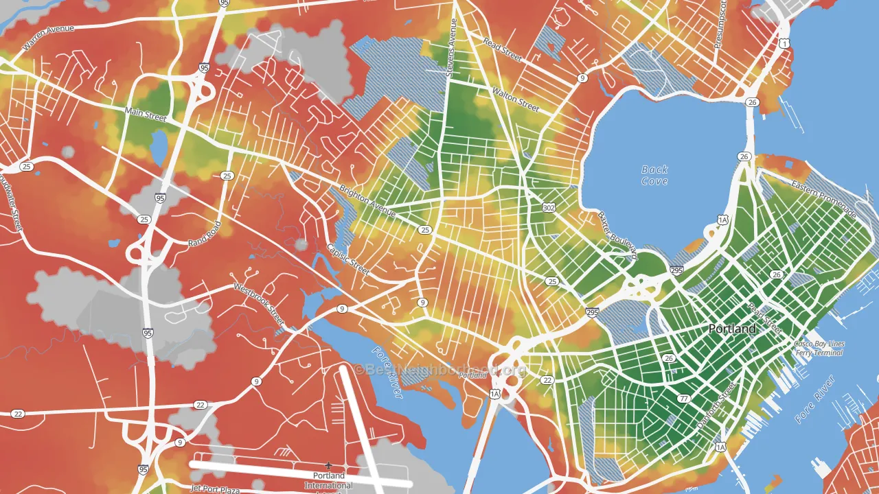 Walk Grade map of Rosemont, Portland, ME, walkable areas in green and car-dependent areas in red