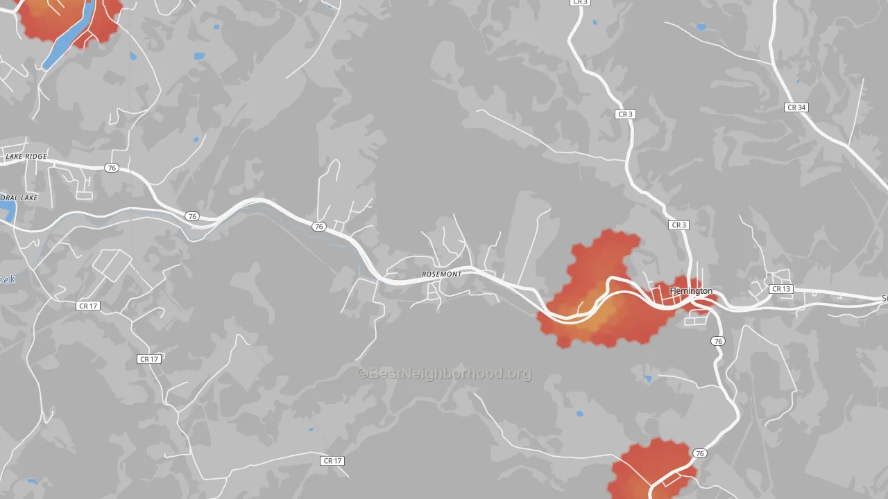 Walk Grade map of Rosemont, WV, walkable areas in green and car-dependent areas in red