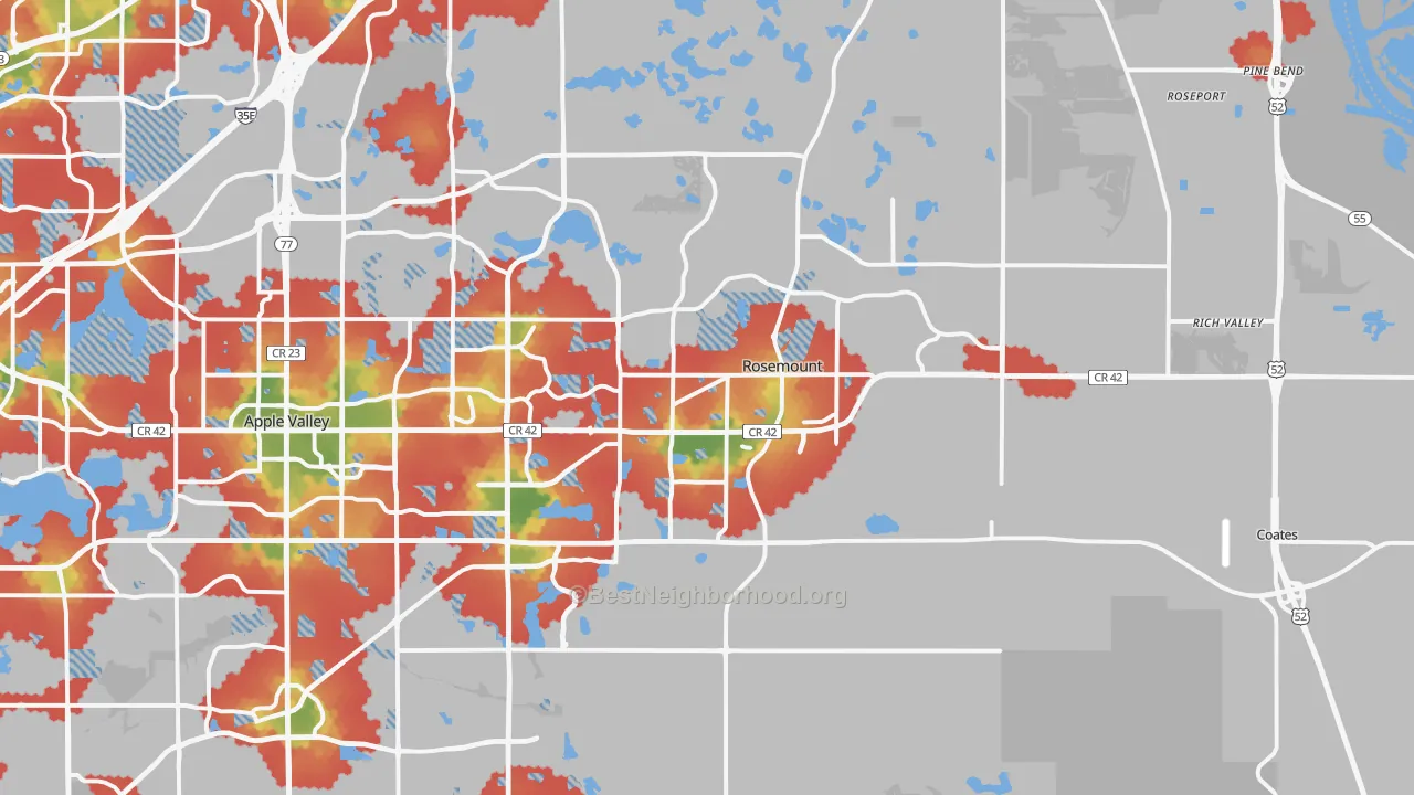 Walk Grade map of Rosemount, MN, walkable areas in green and car-dependent areas in red