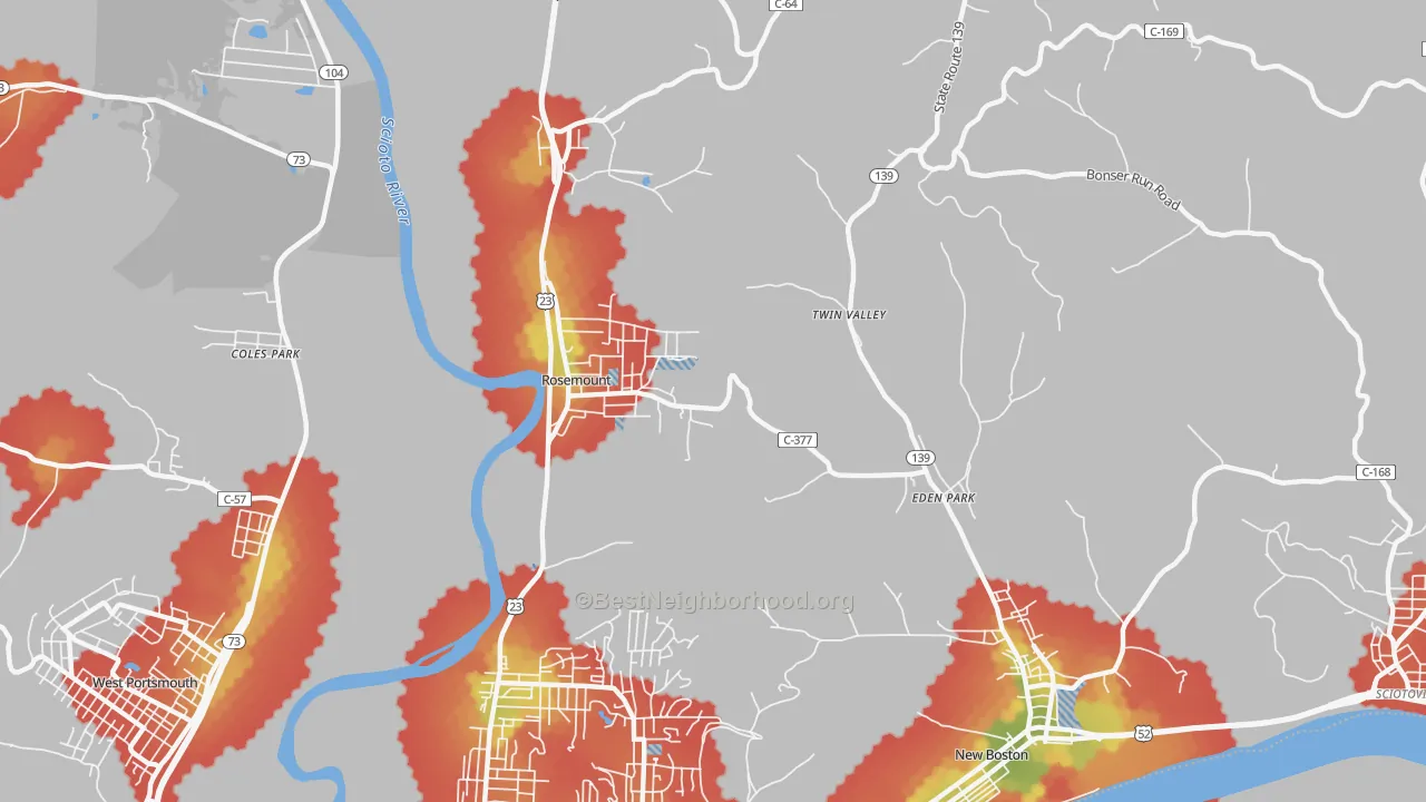 Walk Grade map of Rosemount, OH, walkable areas in green and car-dependent areas in red