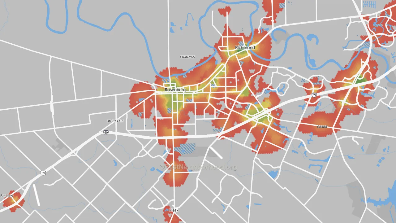 Walk Grade map of Rosenberg, TX, walkable areas in green and car-dependent areas in red