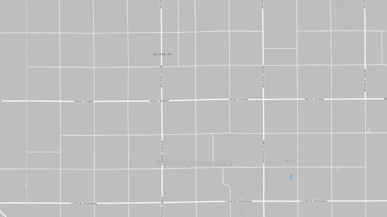 Walk Grade map of Rosenburg, NE, walkable areas in green and car-dependent areas in red