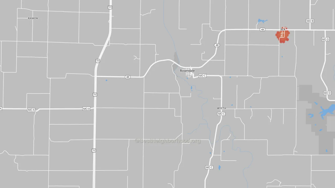Walk Grade map of Rosendale, MO, walkable areas in green and car-dependent areas in red