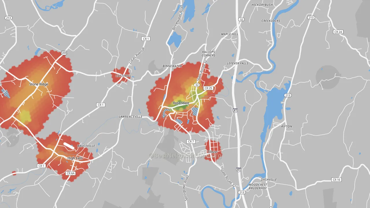 Walk Grade map of Rosendale, NY, walkable areas in green and car-dependent areas in red