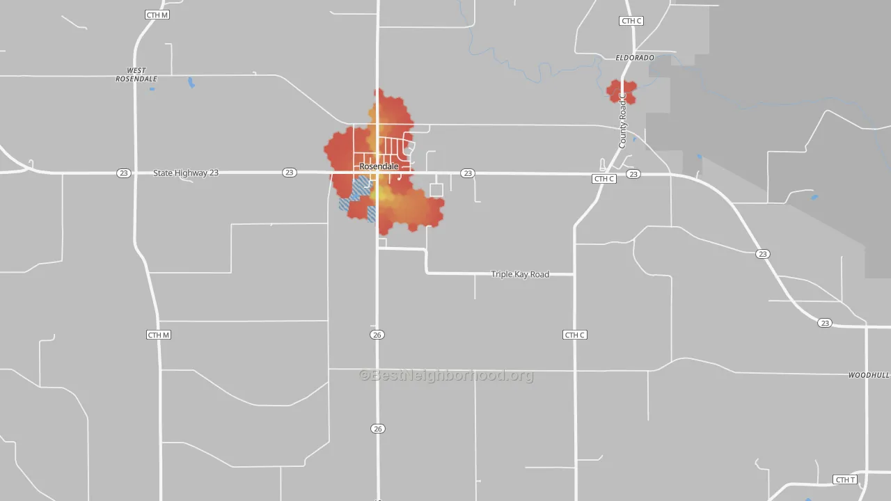 Walk Grade map of Rosendale, WI, walkable areas in green and car-dependent areas in red
