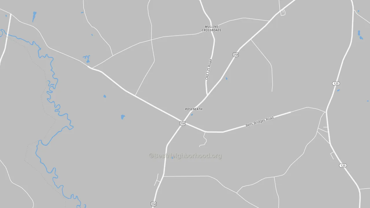 Walk Grade map of Roseneath, NC, walkable areas in green and car-dependent areas in red