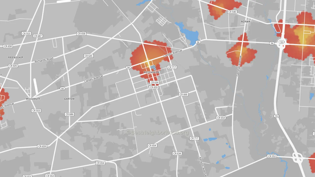 Walk Grade map of Rosenhayn, NJ, walkable areas in green and car-dependent areas in red