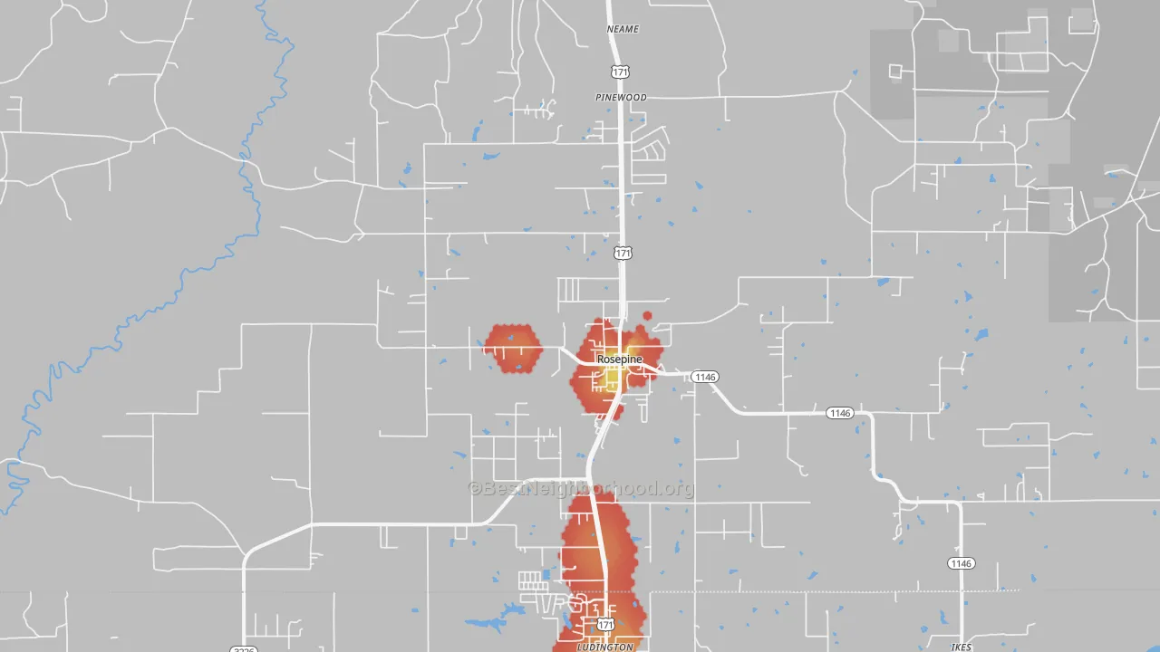 Walk Grade map of Rosepine, LA, walkable areas in green and car-dependent areas in red