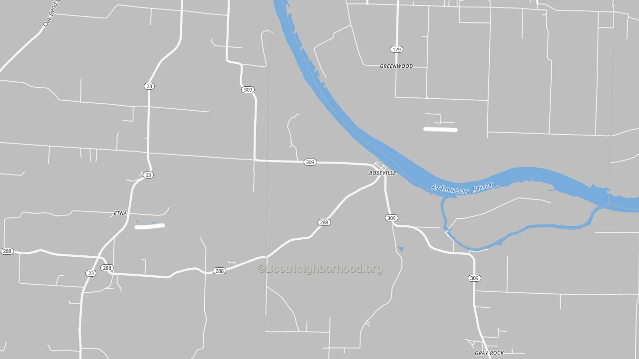 Walk Grade map of Roseville, AR, walkable areas in green and car-dependent areas in red