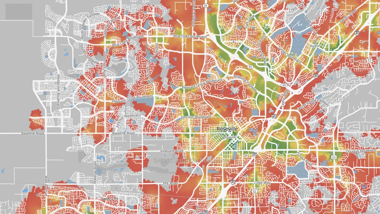 Walk Grade map of Roseville, CA, walkable areas in green and car-dependent areas in red