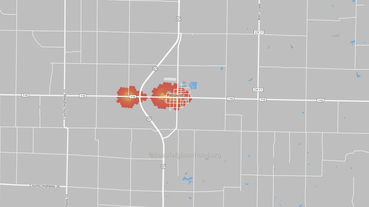 Walk Grade map of Roseville, IL, walkable areas in green and car-dependent areas in red