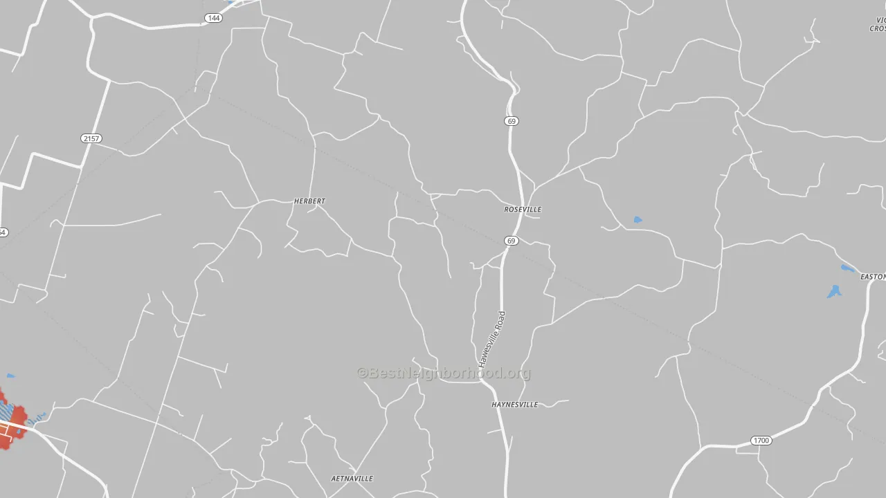 Walk Grade map of Roseville, KY, walkable areas in green and car-dependent areas in red