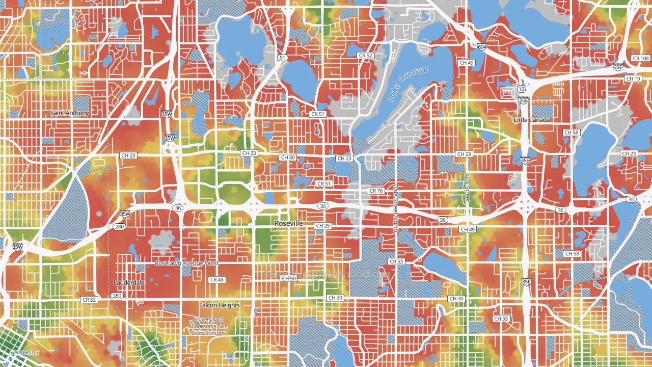 Walk Grade map of Roseville, MN, walkable areas in green and car-dependent areas in red
