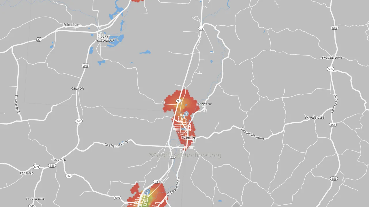 Walk Grade map of Roseville, OH, walkable areas in green and car-dependent areas in red
